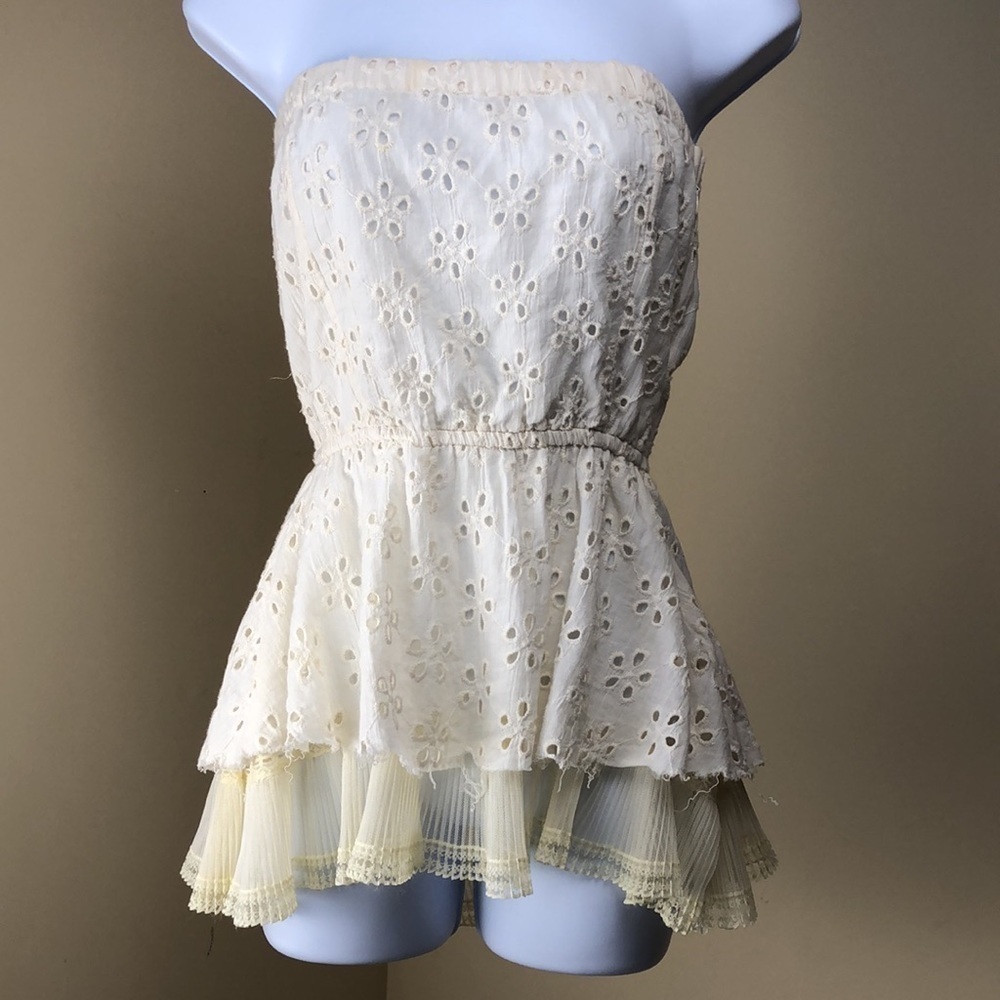 Free People ivory smocked eyelet tube top with ruffled peplin